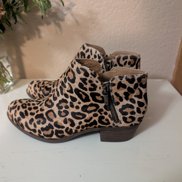 Lucky Brand Ankle Boots Burklee Tan Black Leopard Print Calf Hair Booties Sz 9 - Picture 4 of 10